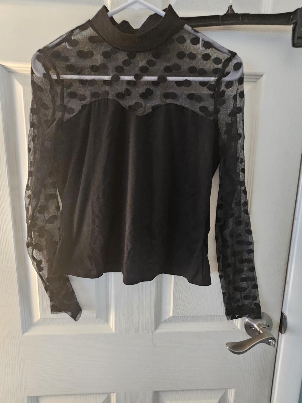 SHEIN Black Sheer Polka Dot Mock Neck Long Sleeve Top
